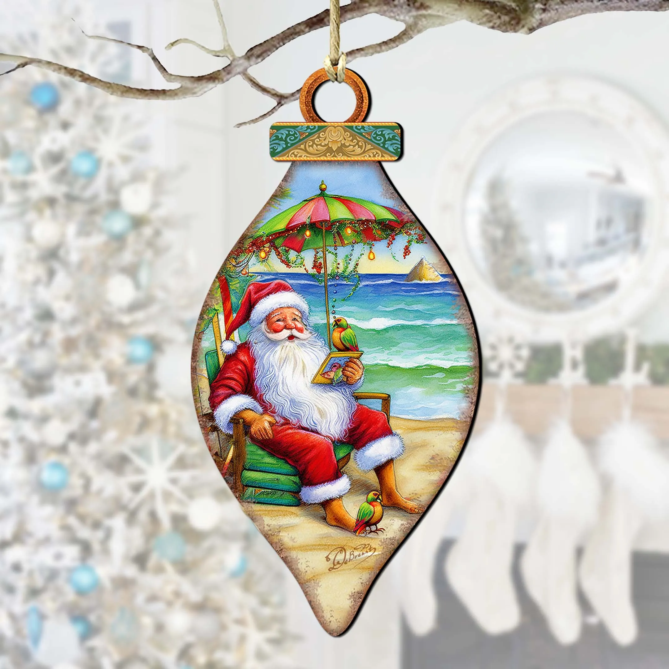 Beach Themed Ornaments - Santa on the Beach Wooden Ornaments by G.Debrekht | Coastal Holiday Decor - 8688308