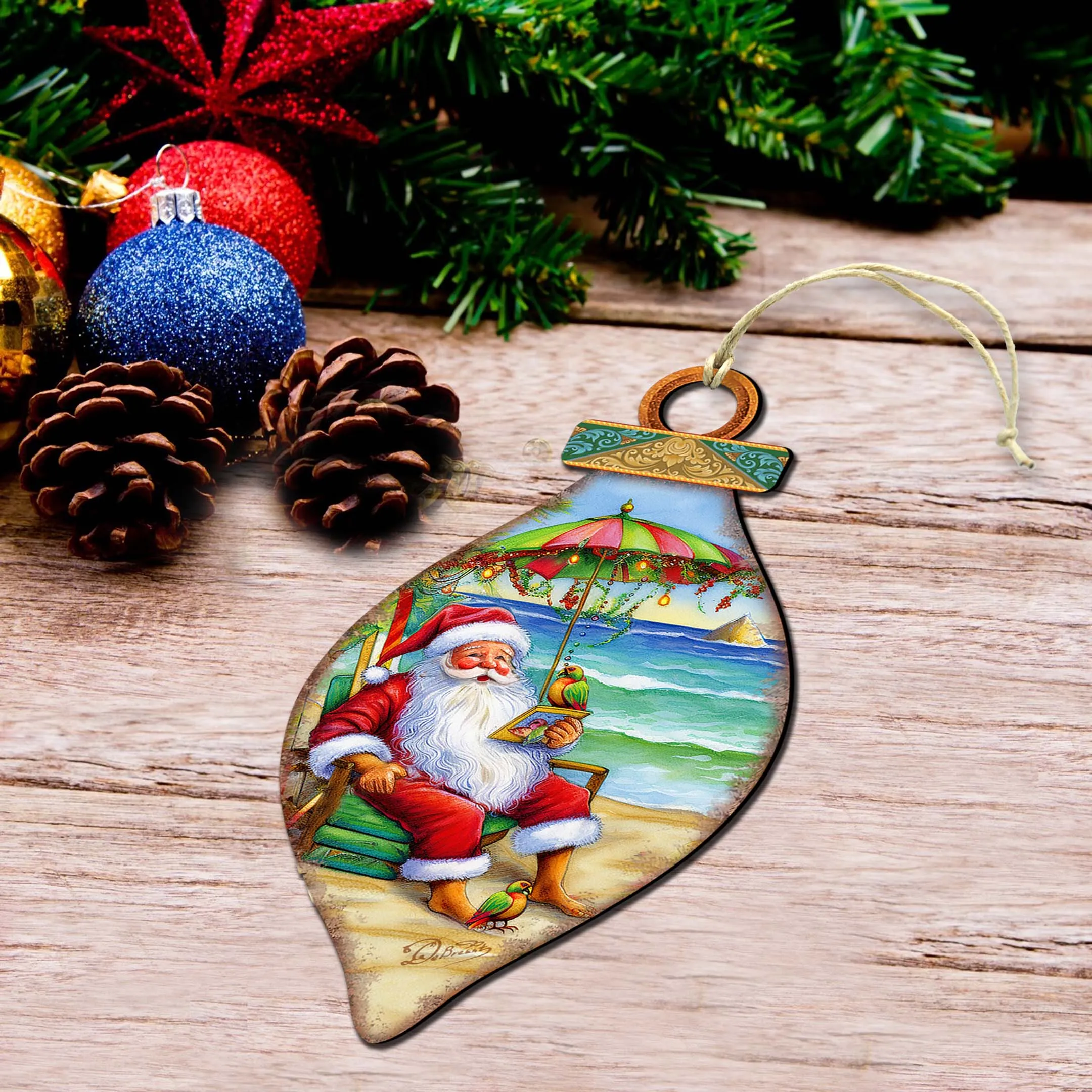 Beach Themed Ornaments - Santa on the Beach Wooden Ornaments by G.Debrekht | Coastal Holiday Decor - 8688308