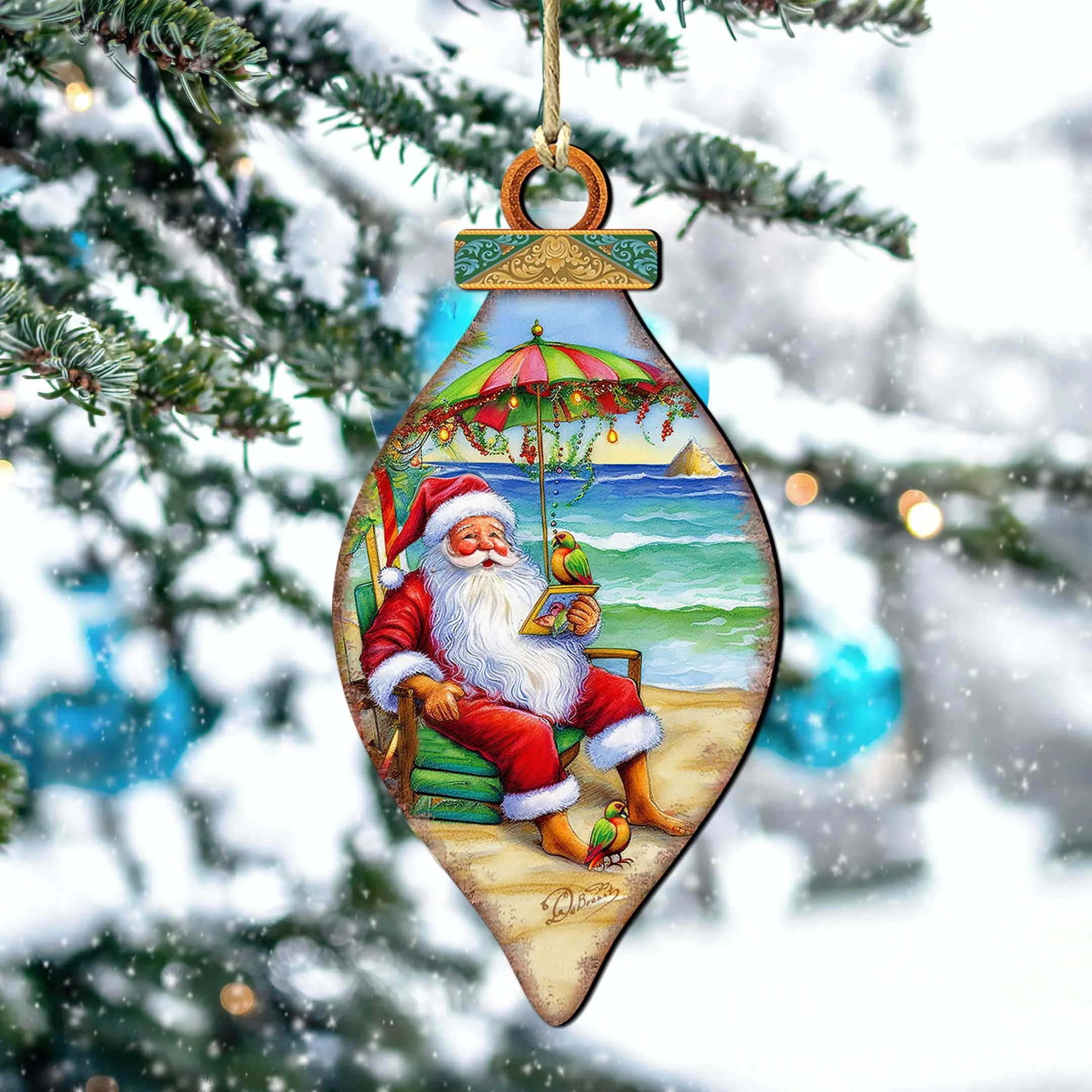 Beach Themed Ornaments - Santa on the Beach Wooden Ornaments by G.Debrekht | Coastal Holiday Decor - 8688308