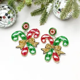 Beaded Candy Canes Earrings with Gold Tone Bow in Red and Green