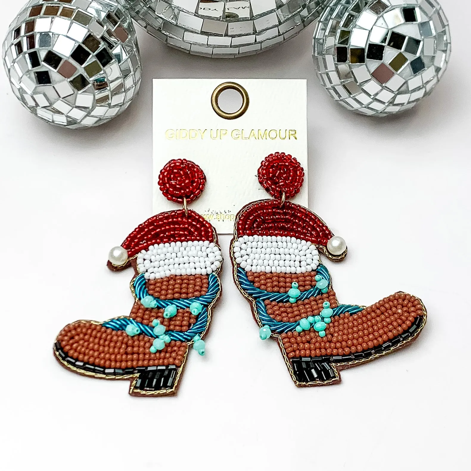 Beaded Cowboy Boot Earrings with Santa Hat in Brown