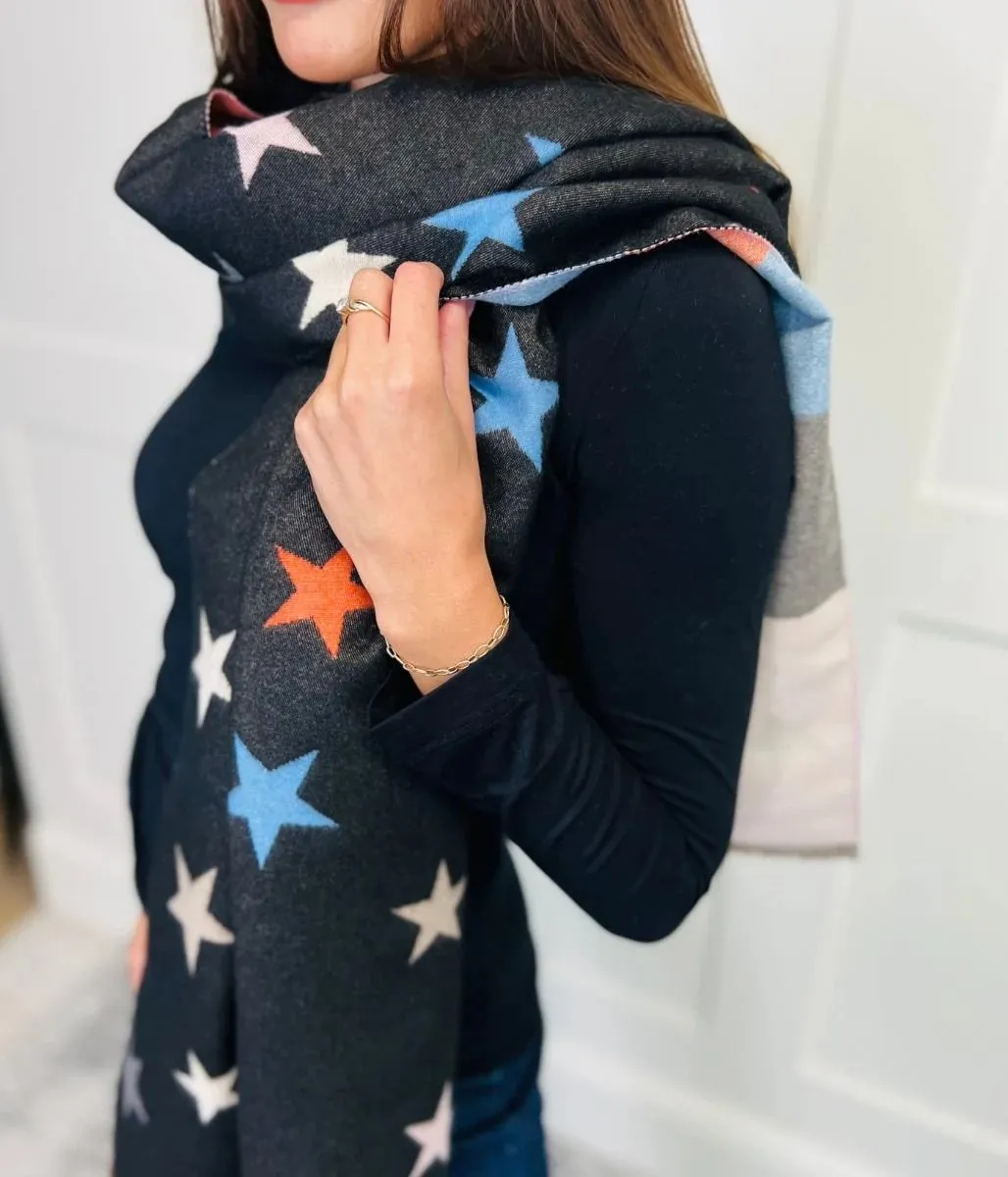 Black Star Print Cashmere Blend Blanket Scarf