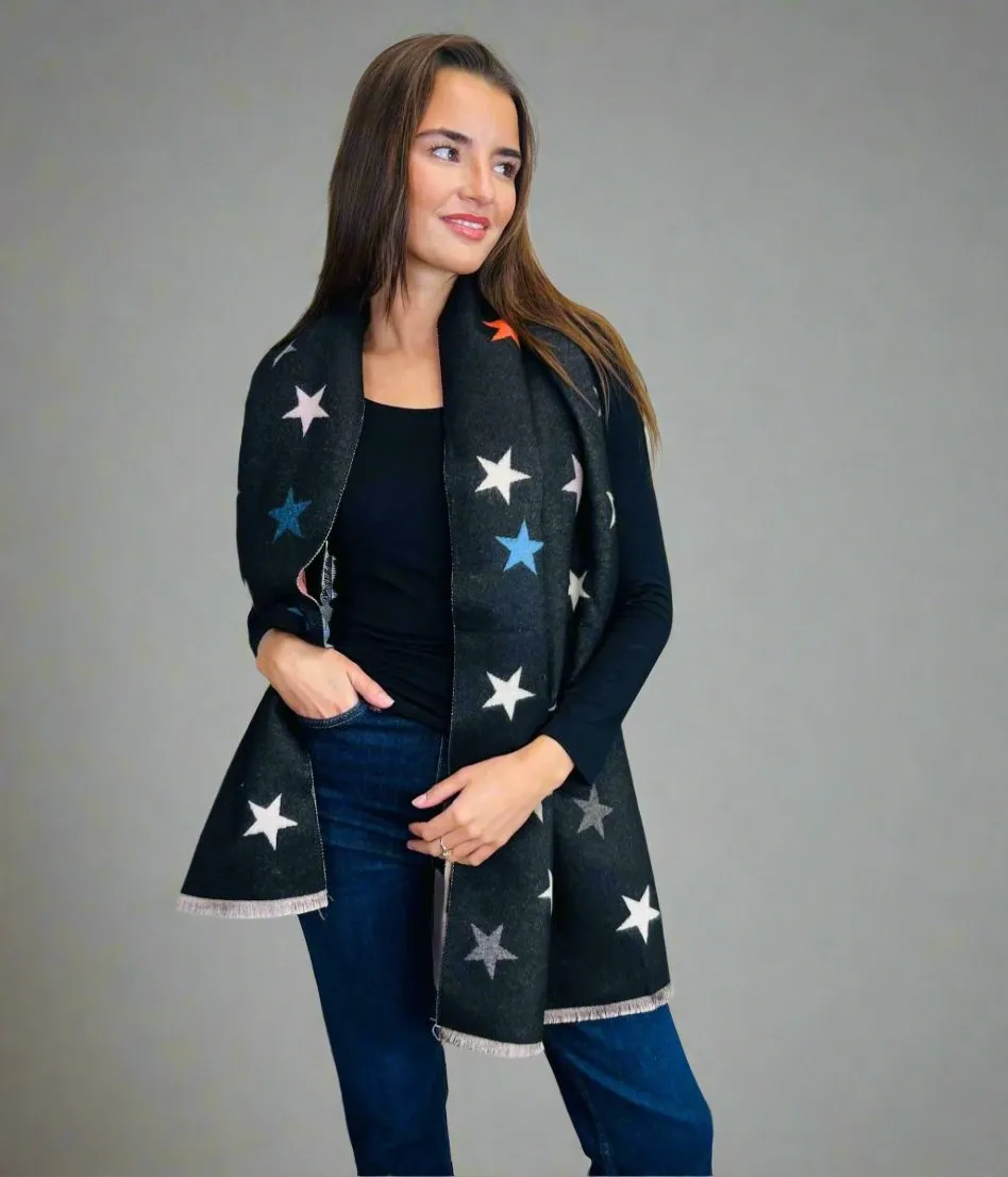 Black Star Print Cashmere Blend Blanket Scarf