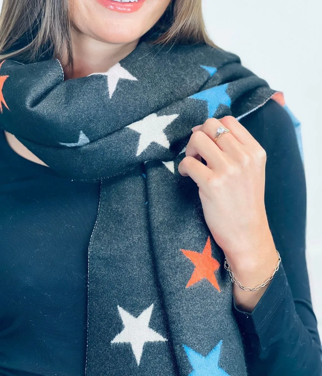 Black Star Print Cashmere Blend Blanket Scarf