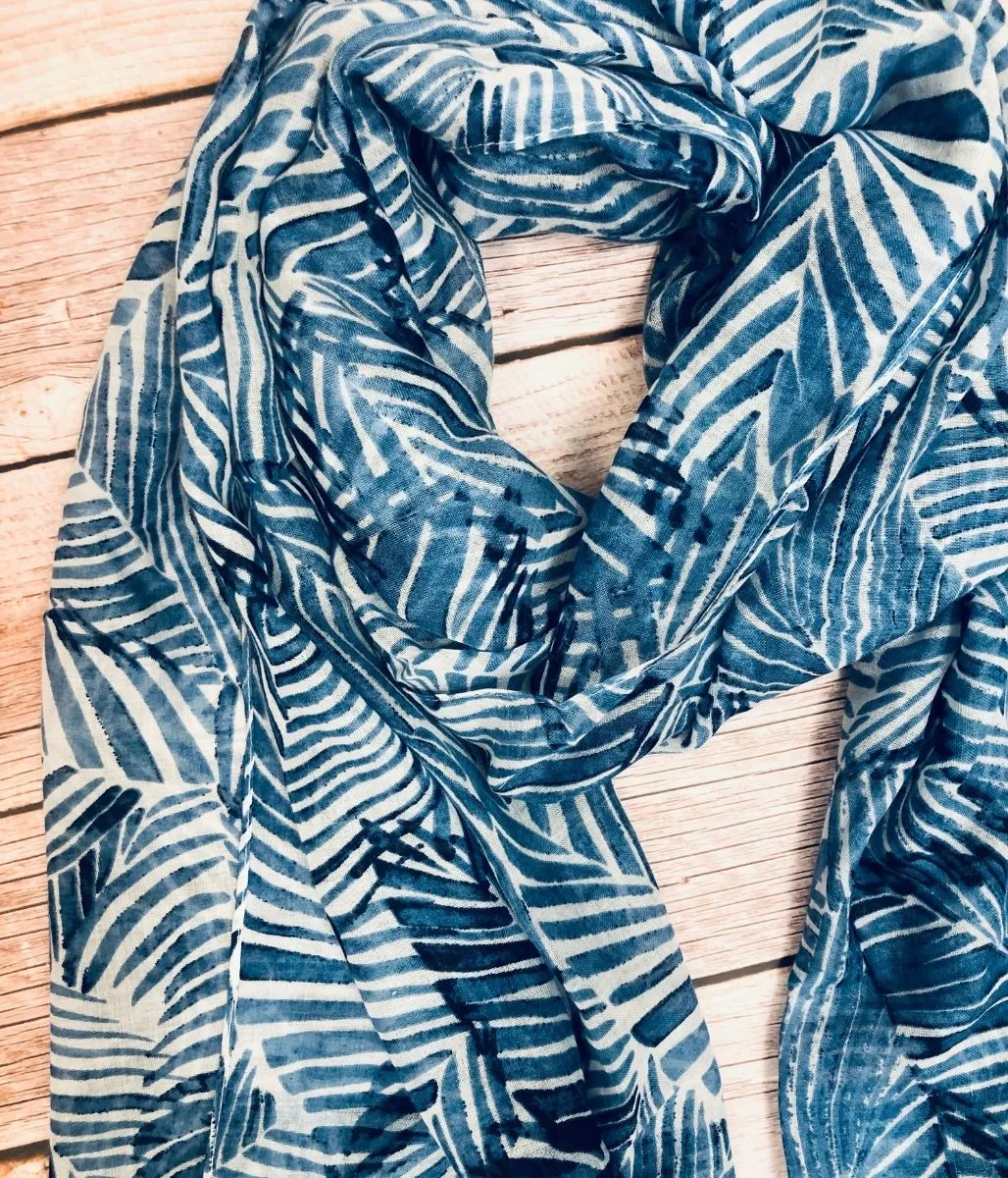 Blue Leaf Print Tasselled Scarf