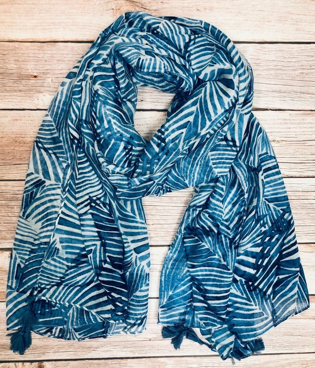 Blue Leaf Print Tasselled Scarf