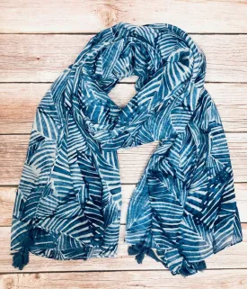 Blue Leaf Print Tasselled Scarf