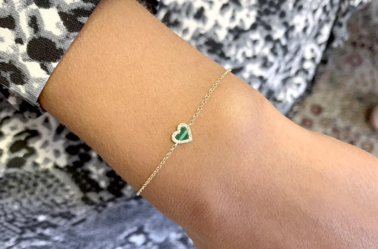 Bracelet 14kt Gold Chain Malachite Heart & Diamonds