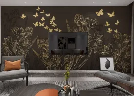 Brown floral wallpaper peel and stick wall mural, butterfly wallpaper, flower wall decals vinyl, canvas dark floral wallpaper