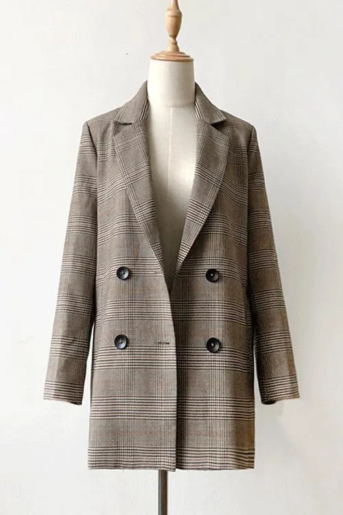 Button Plaid Lapel Blazer