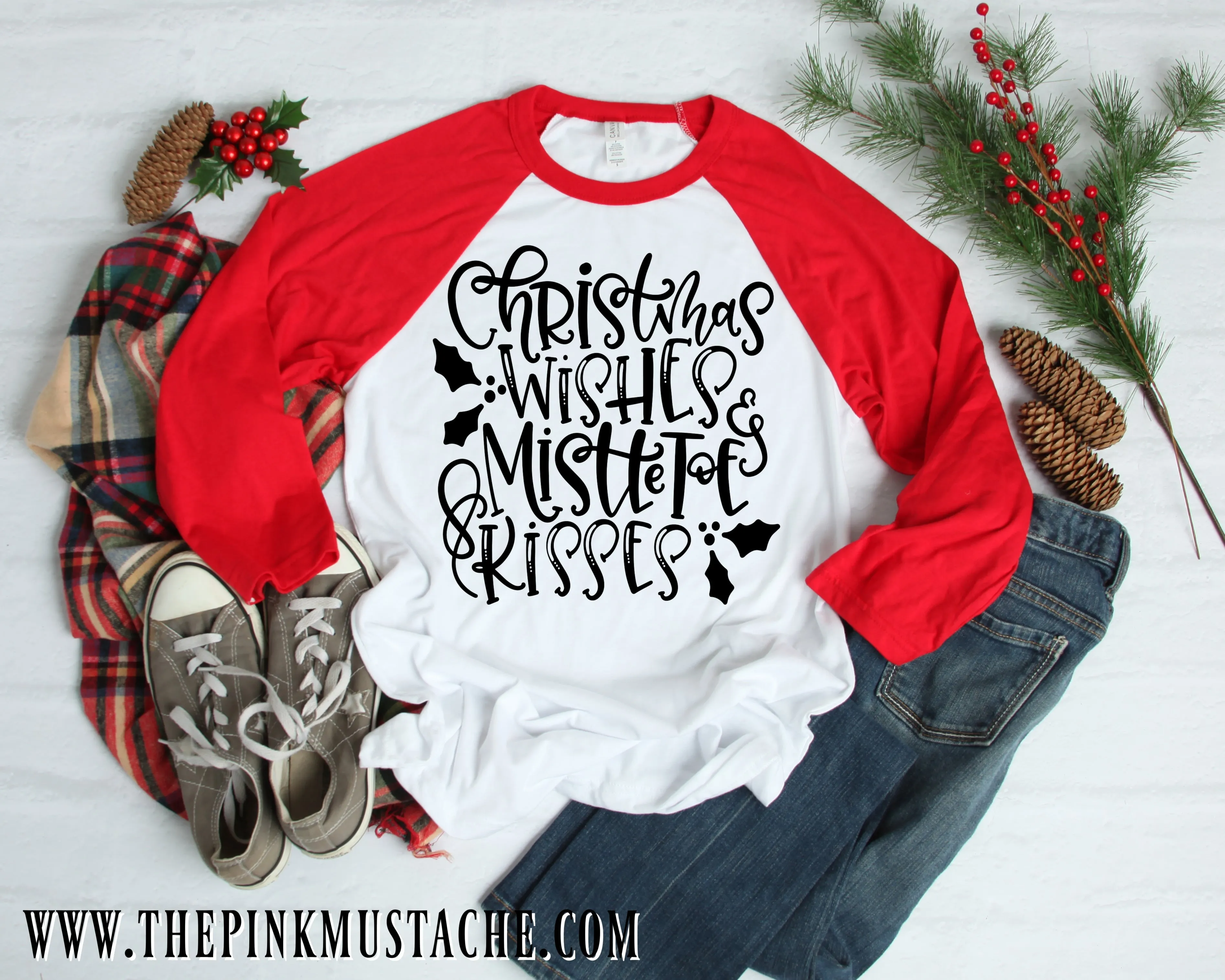 Christmas Wishes and Mistletoe Kisses Raglan / Merry Christmas Boutique Graphic Raglan / Youth and Adult sizing / Buffalo Plaid Christmas