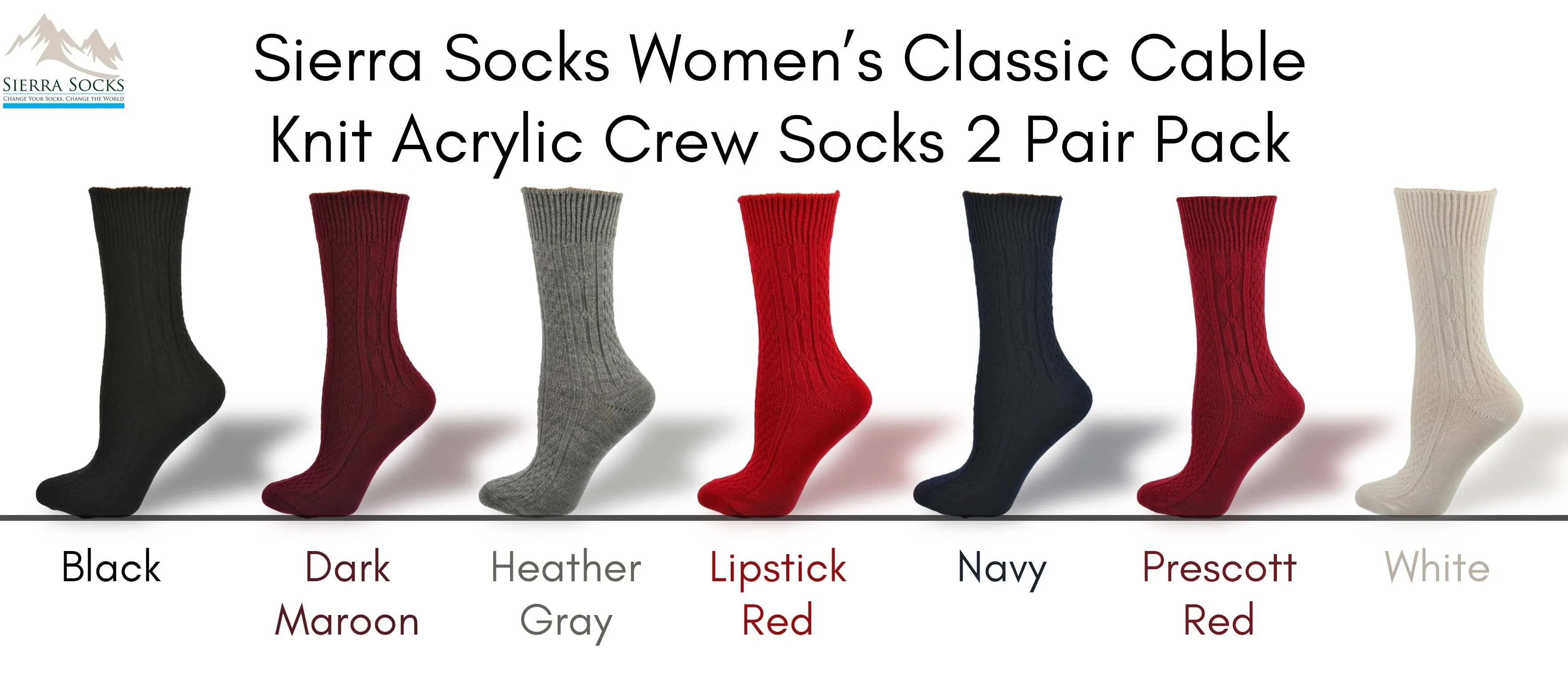 Classic Cable Knit Acrylic Crew Socks 2 pair pack