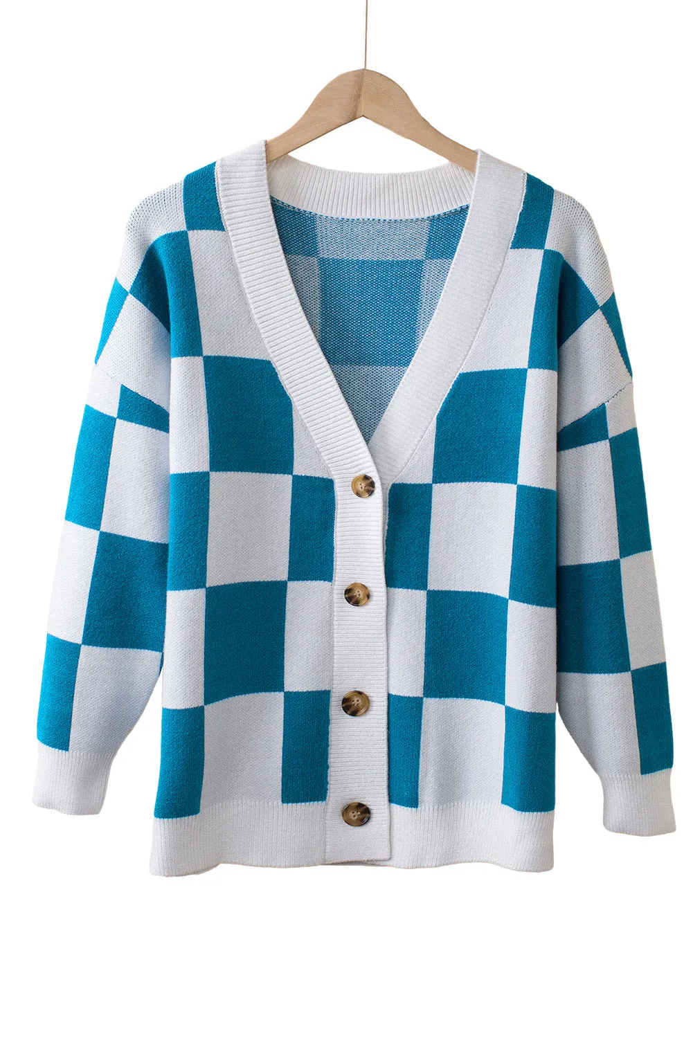 Contrast Checkered Print Button Up Sweater Cardigan