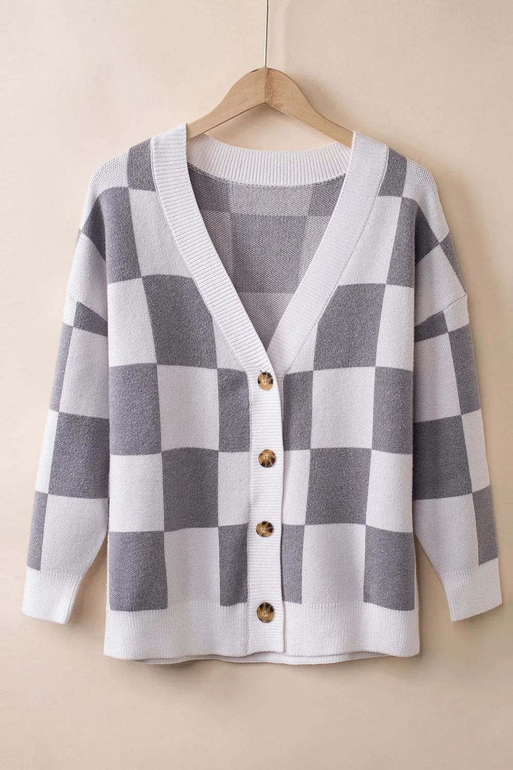 Contrast Checkered Print Button Up Sweater Cardigan