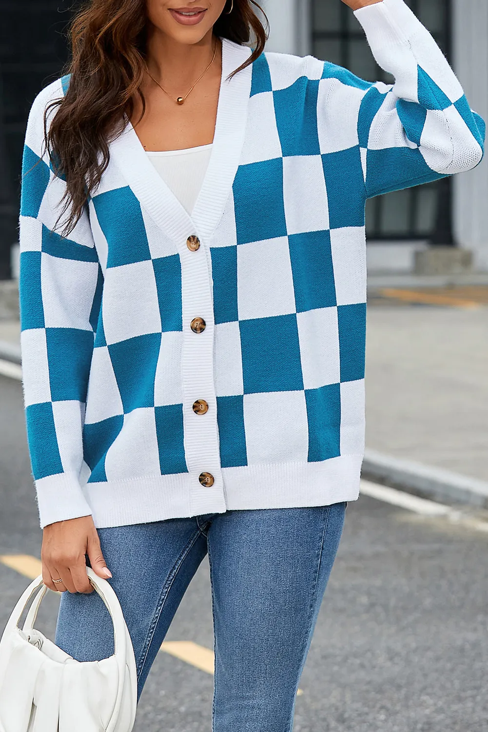 Contrast Checkered Print Button Up Sweater Cardigan