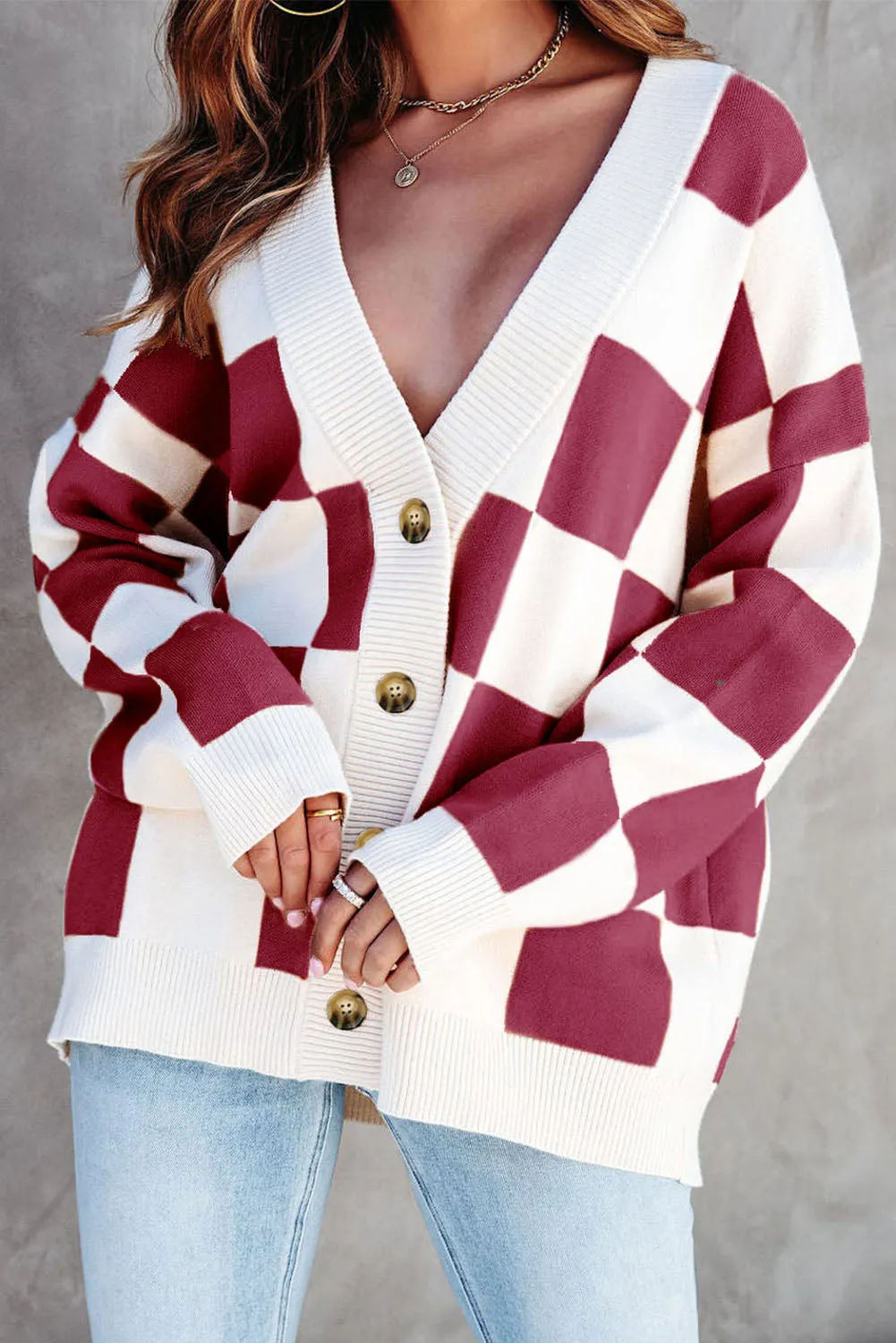 Contrast Checkered Print Button Up Sweater Cardigan