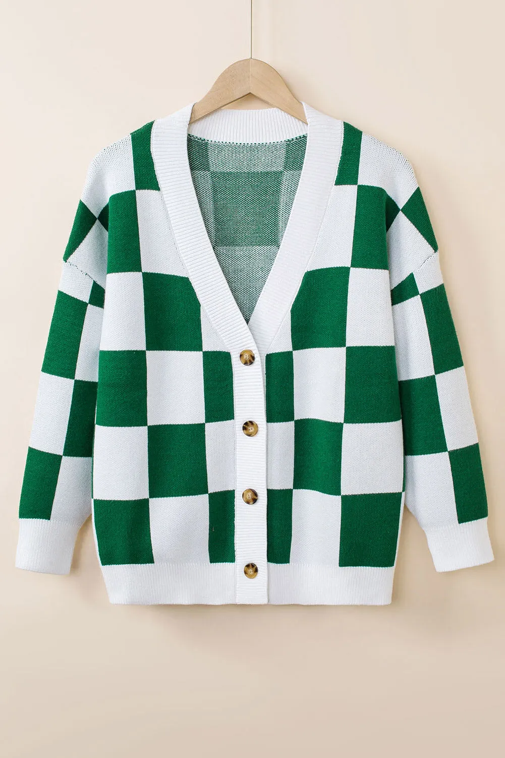 Contrast Checkered Print Button Up Sweater Cardigan