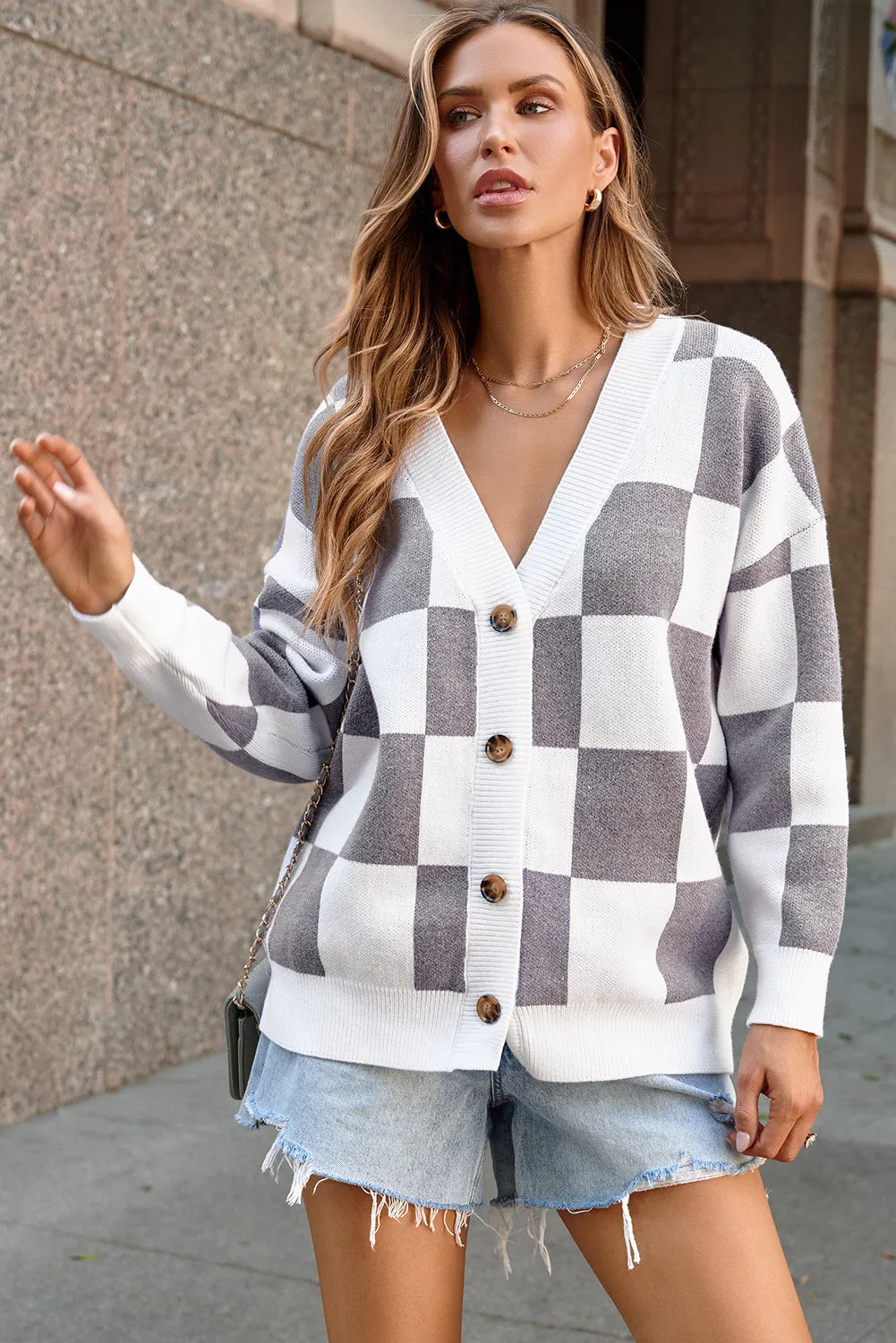 Contrast Checkered Print Button Up Sweater Cardigan