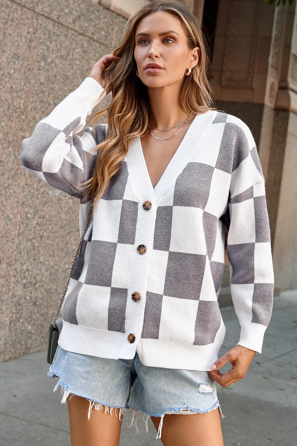 Contrast Checkered Print Button Up Sweater Cardigan