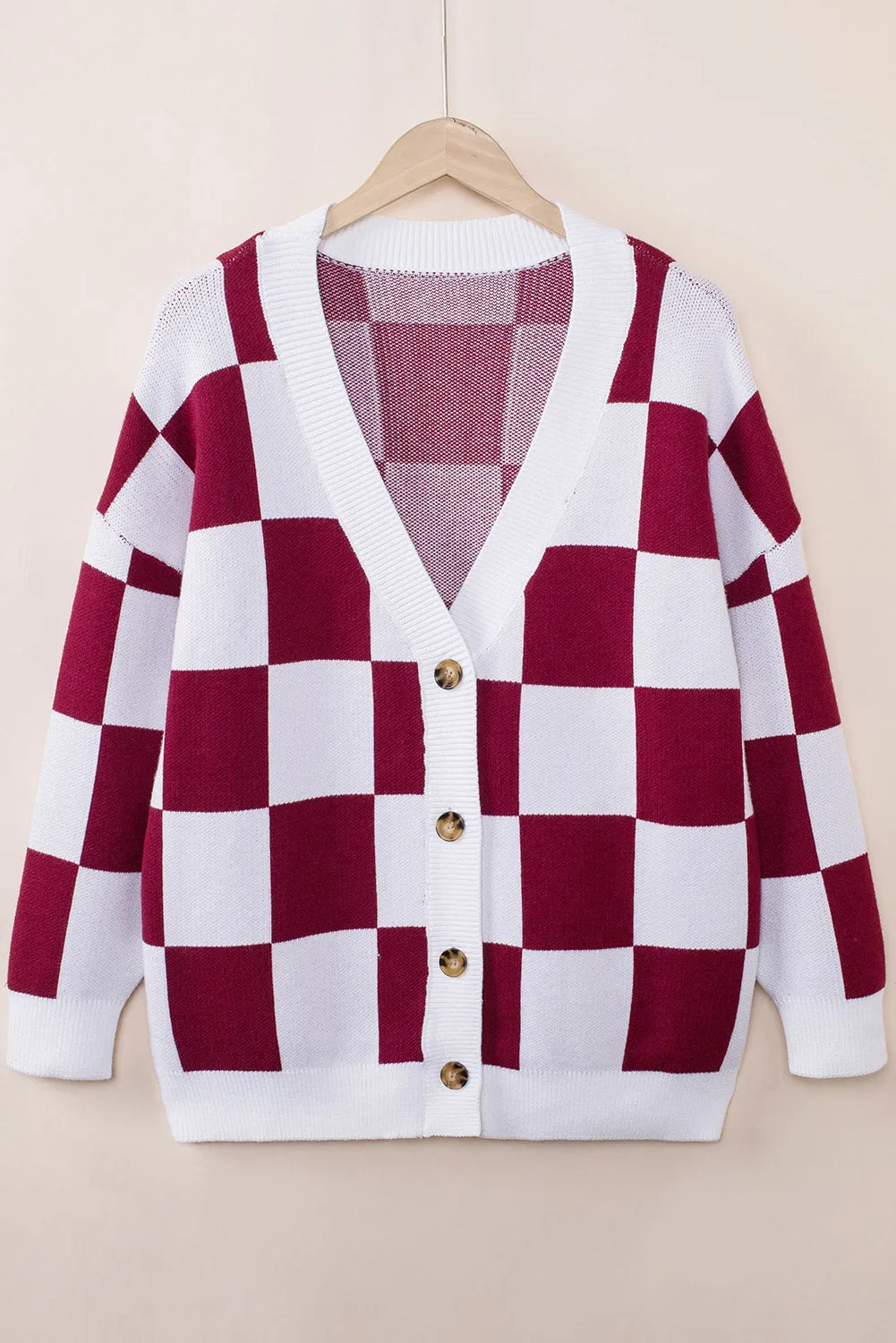 Contrast Checkered Print Button Up Sweater Cardigan