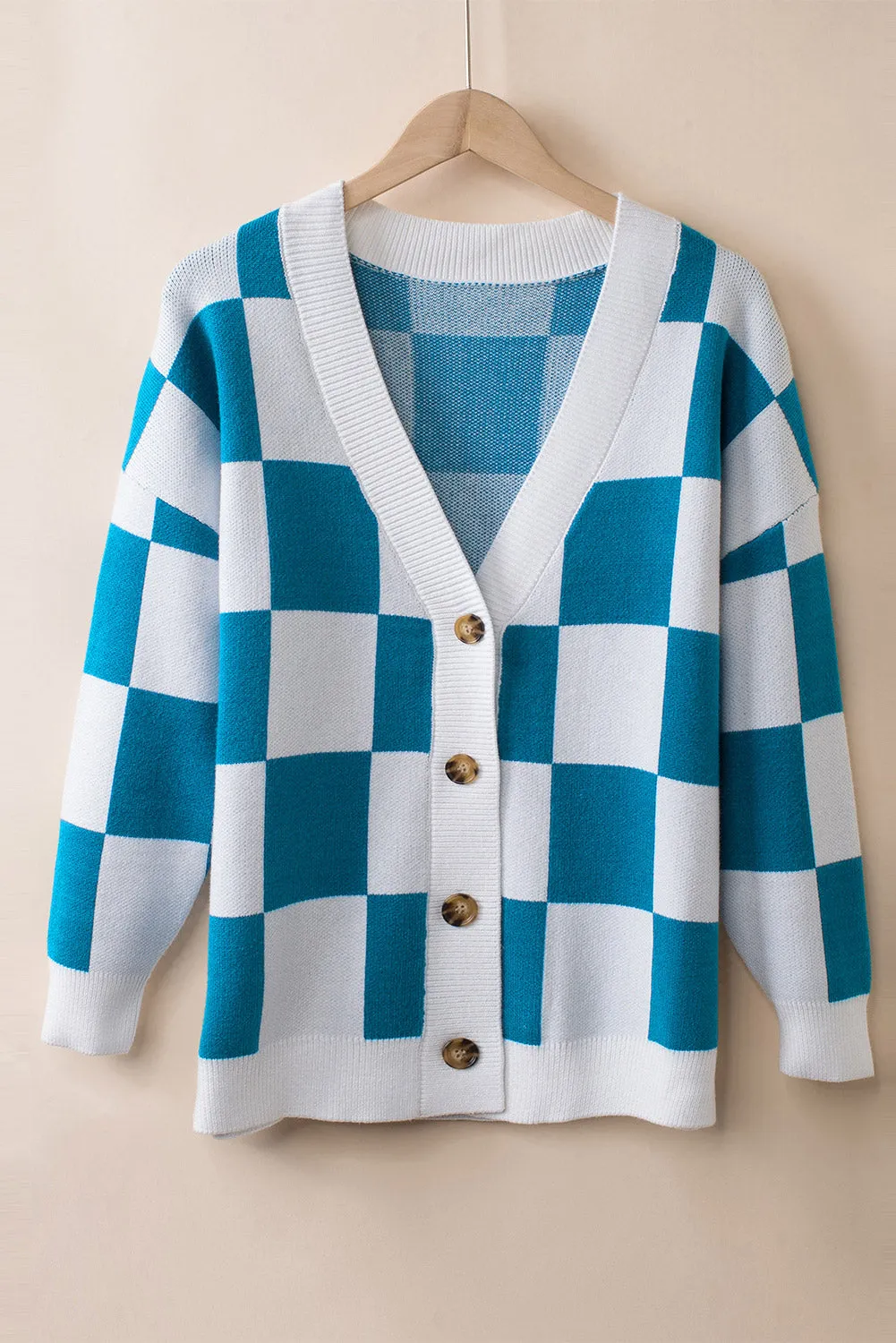 Contrast Checkered Print Button Up Sweater Cardigan