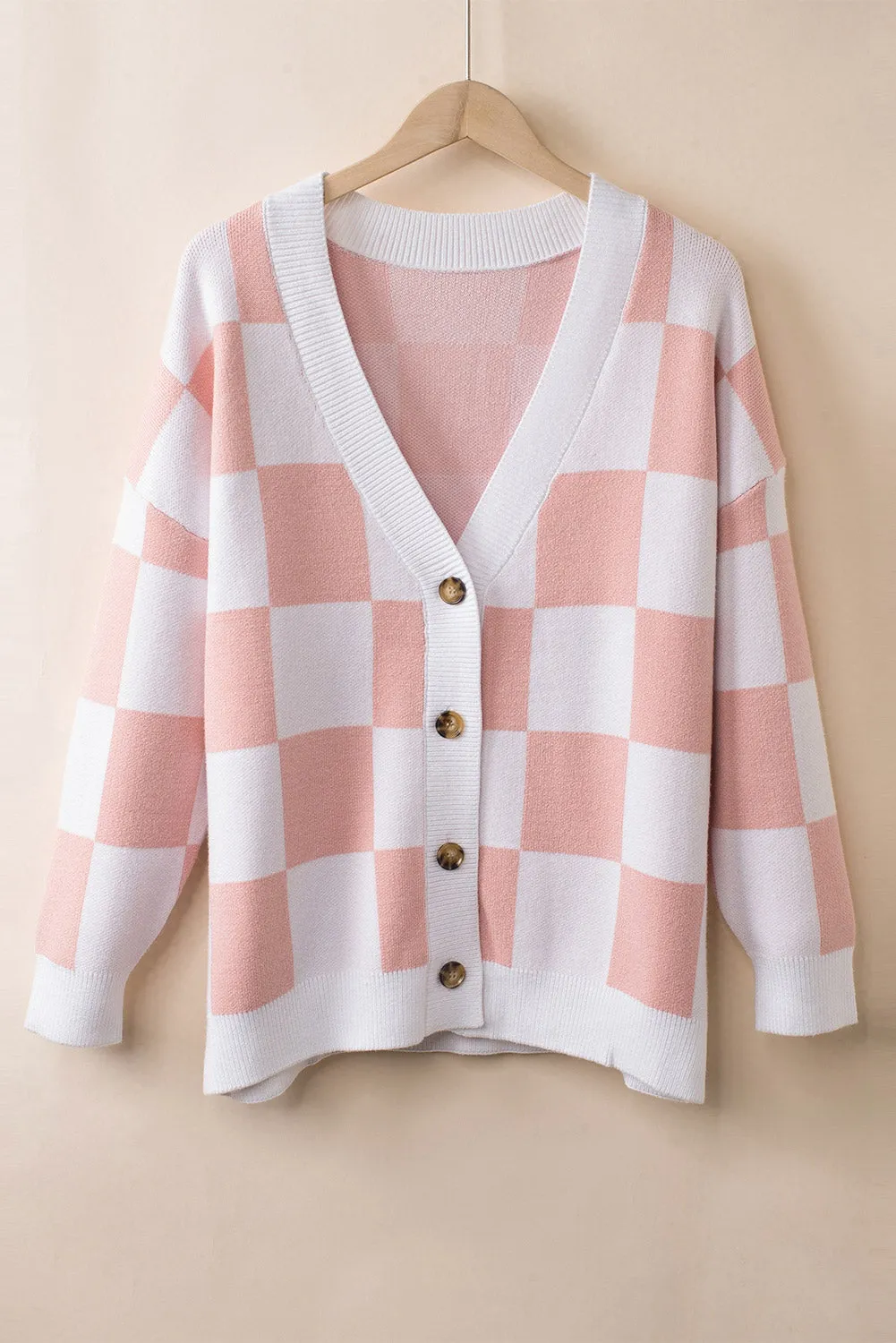 Contrast Checkered Print Button Up Sweater Cardigan