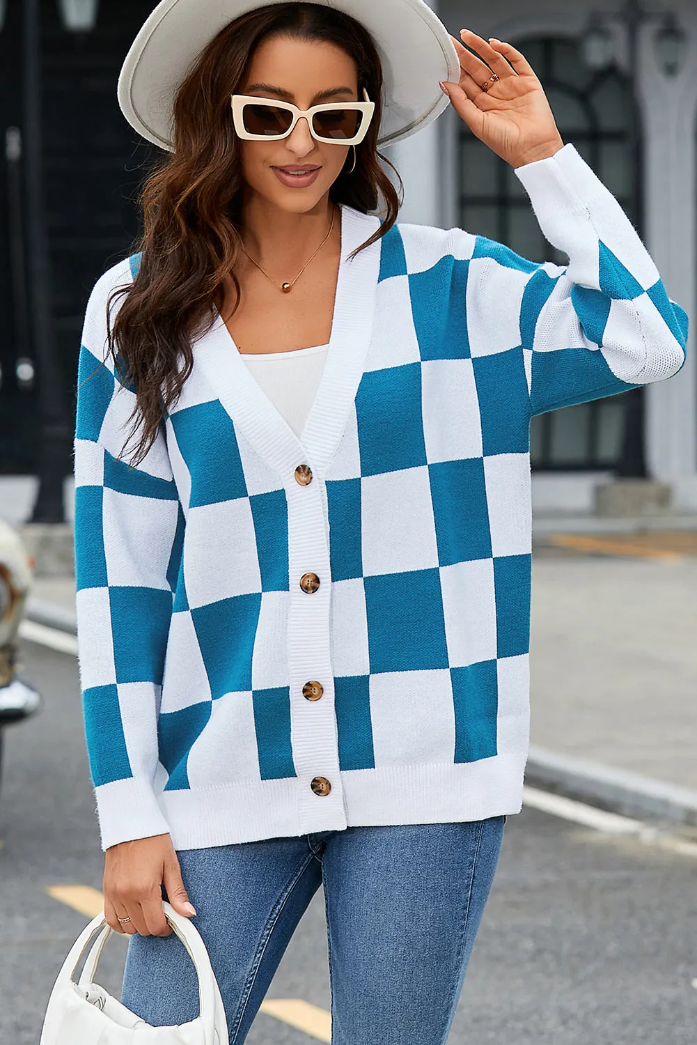 Contrast Checkered Print Button Up Sweater Cardigan