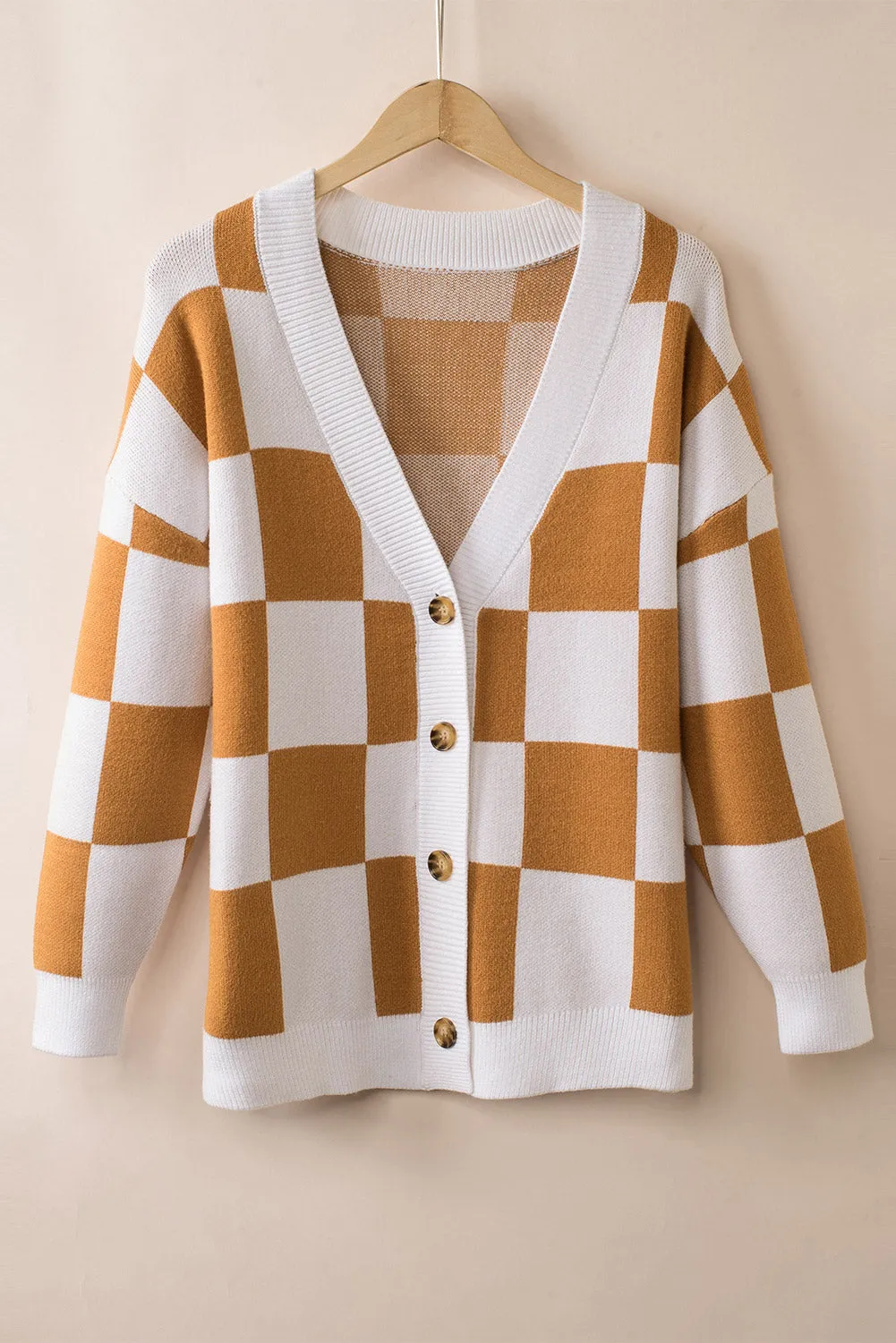 Contrast Checkered Print Button Up Sweater Cardigan