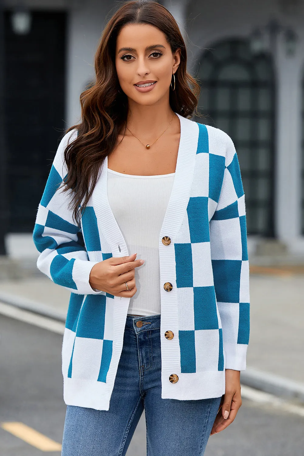 Contrast Checkered Print Button Up Sweater Cardigan