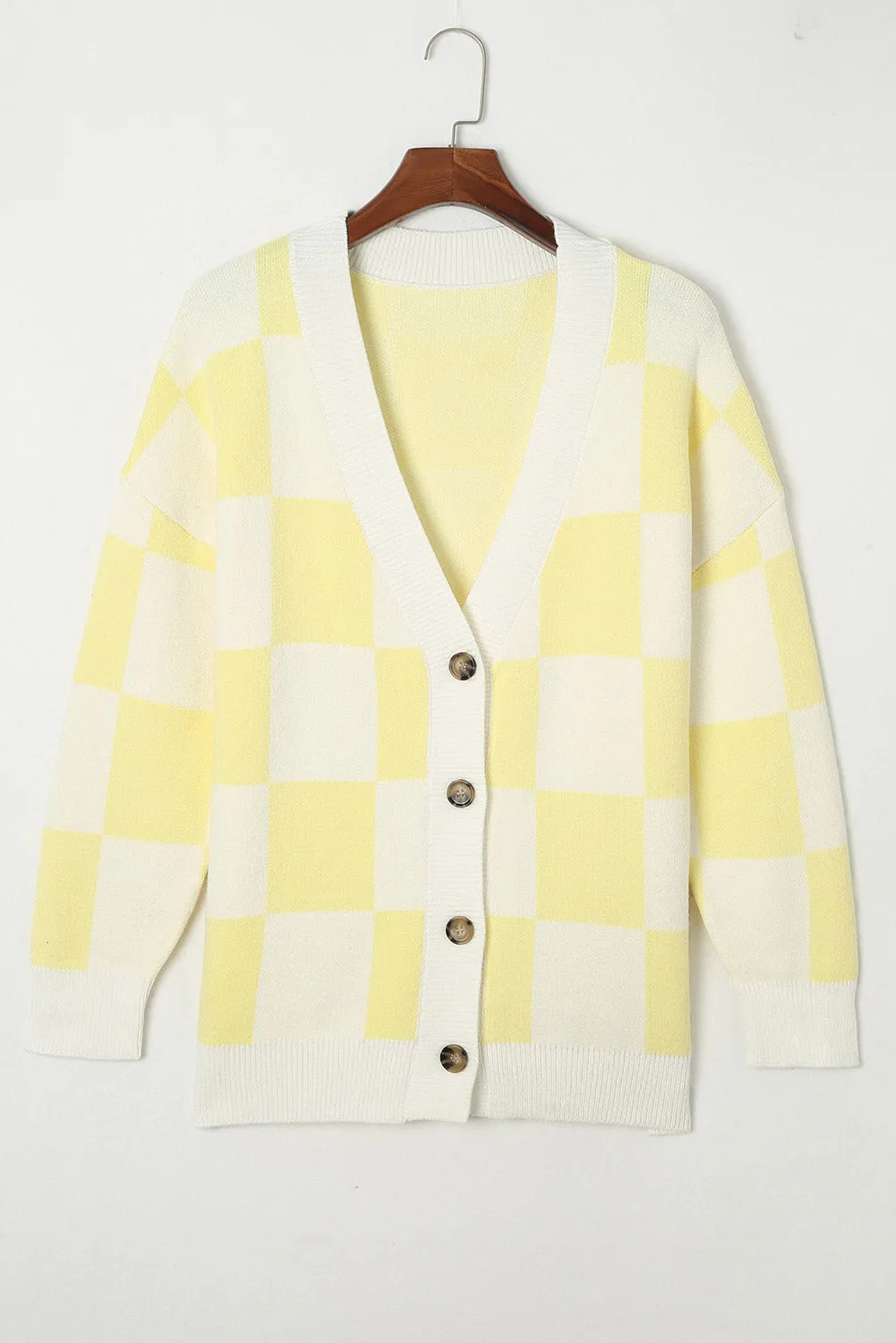 Contrast Checkered Print Button Up Sweater Cardigan