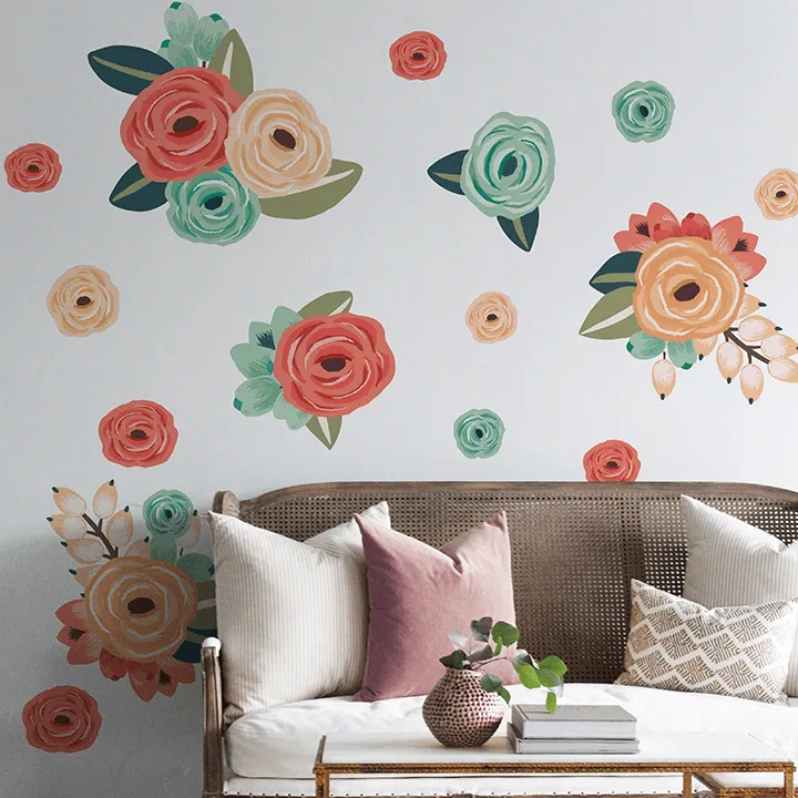 Coral/Teal/Peach Graphic Flower Wall Decal Set