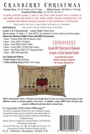 Cross-Stitch Sampler Pattern CRANBERRY CHRISTMAS SAMPLER # XS20178 by Artful Offerings