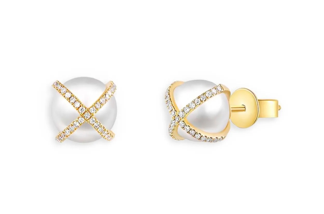 Earrings 14kt Gold Criss Cross Pearls & Diamonds