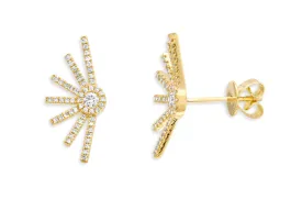 Earrings 14kt Gold Half Sun & Center Diamonds Studs