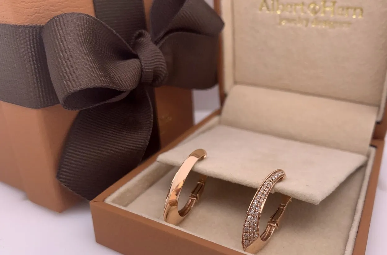 Earrings 14kt Gold Hoops One Side Diamonds