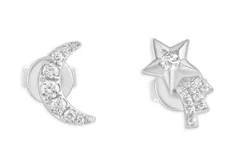 Earrings 14kt Gold Moon & Shooting Star with Diamonds