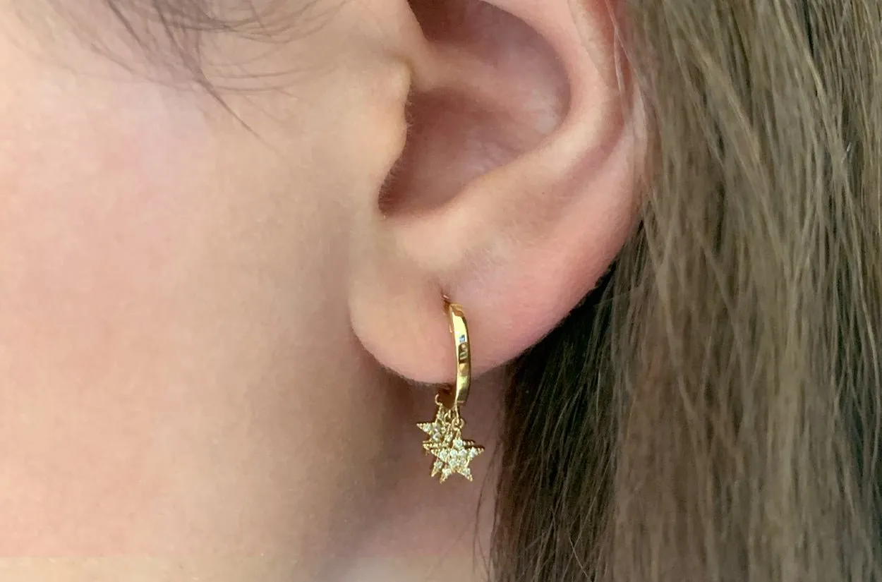 Earrings 14kt Hanging Stars Huggies & Diamonds