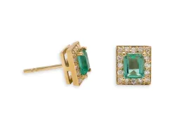 Earrings 18kt Gold Emeralds & Diamonds Halo Studs