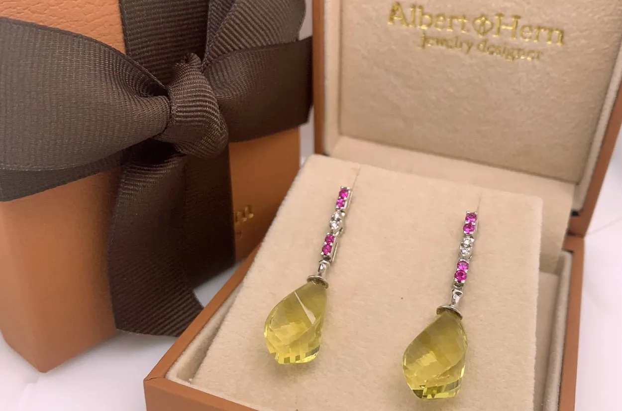 Earrings 18kt Gold Lemon Citrine Briolettes with Pink Sapphires & Diamonds