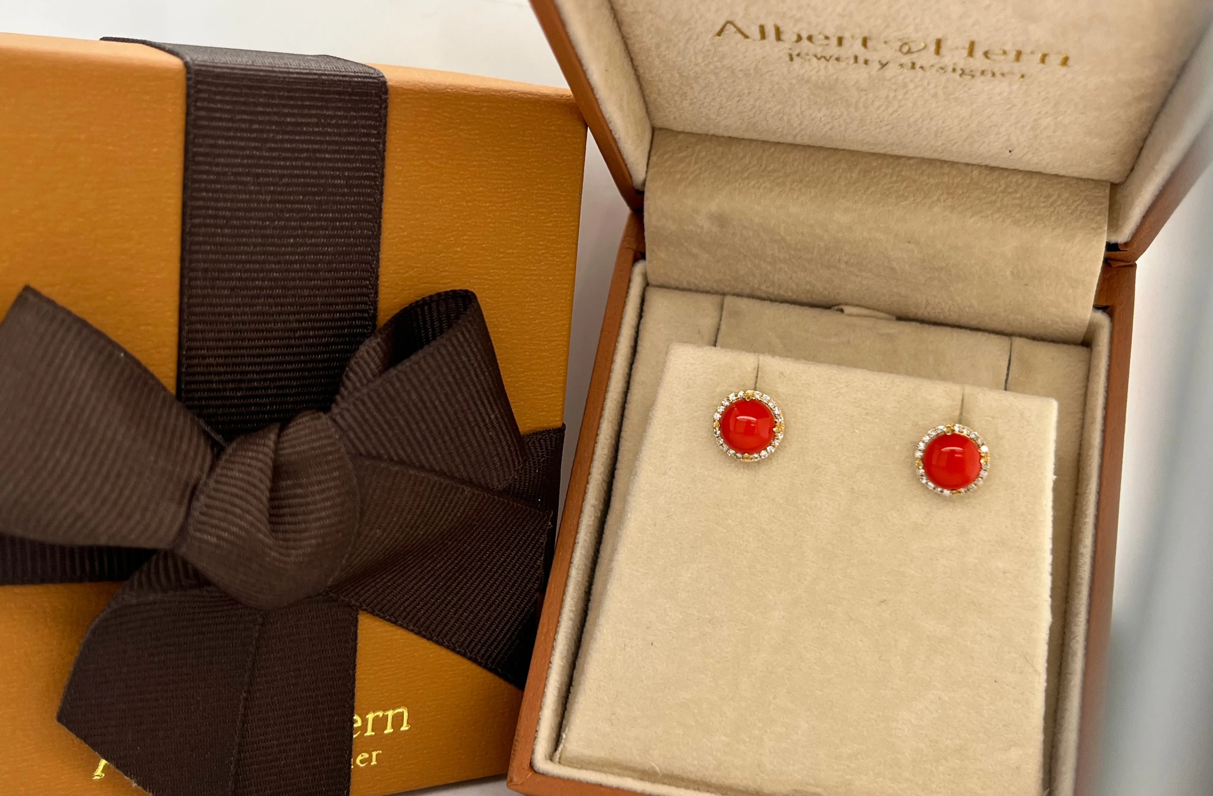 Earrings 18Kt Gold Natural Coral & Diamonds Halo