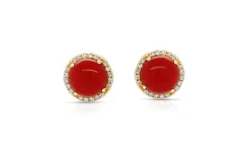 Earrings 18Kt Gold Natural Coral & Diamonds Halo