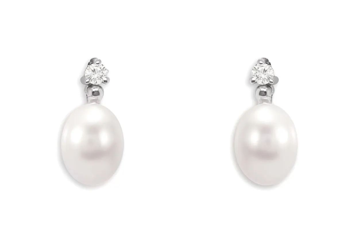 Earrings 18kt Gold Oval Pearls & Diamonds