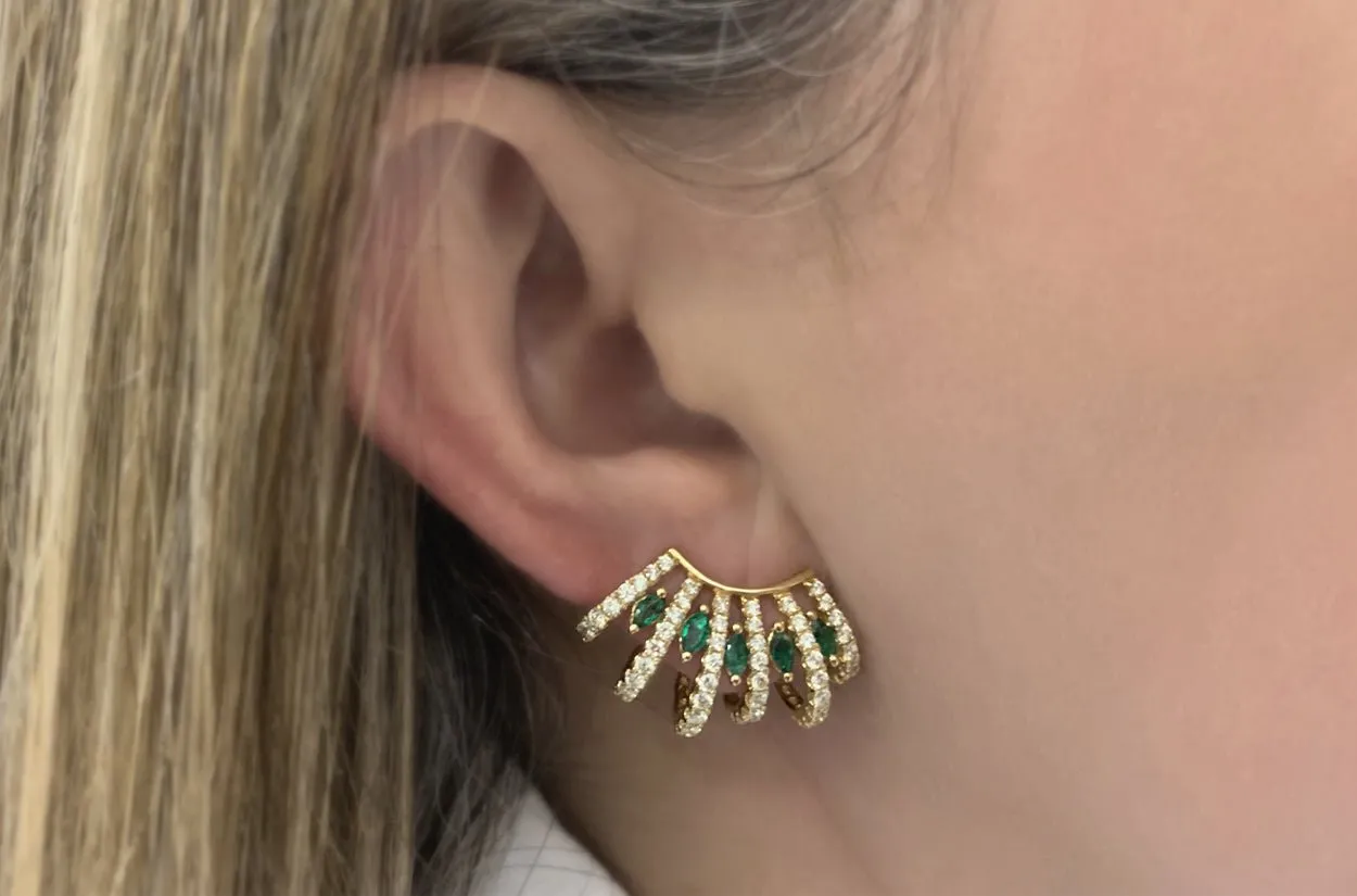 Earrings 18kt Gold Statement Emeralds & Diamonds Lobe Studs