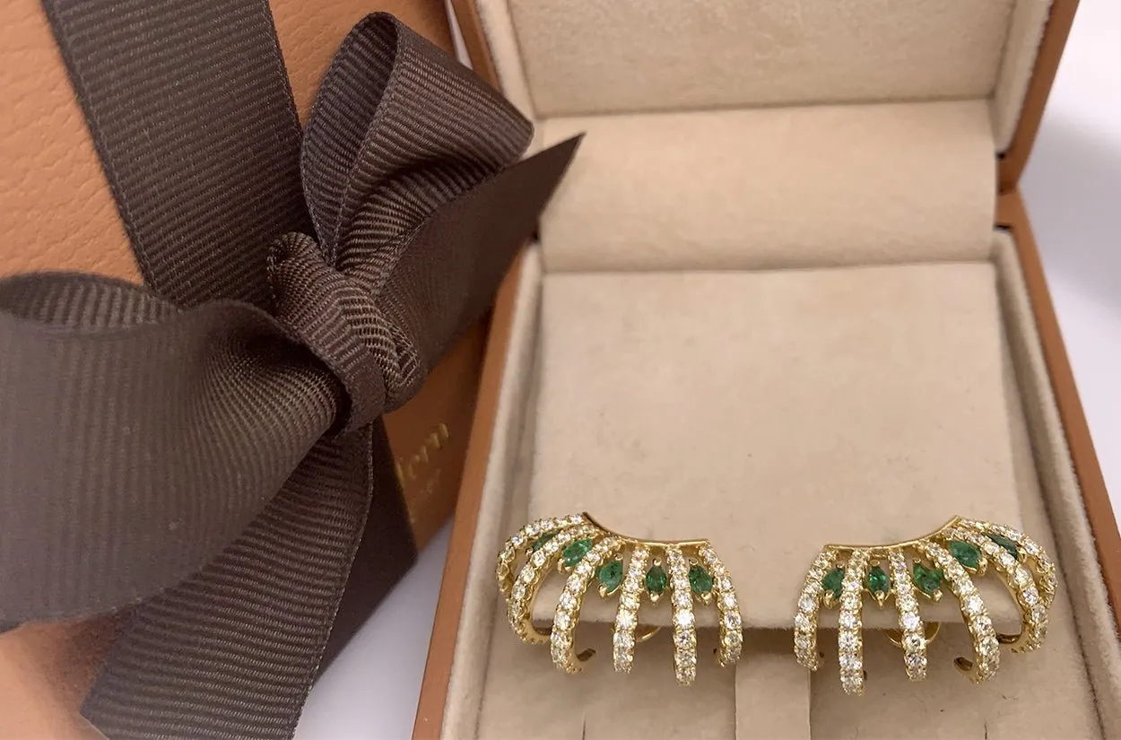 Earrings 18kt Gold Statement Emeralds & Diamonds Lobe Studs