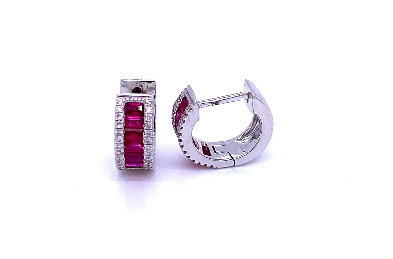 Earrings 18kt White Gold Huggies Ruby Baguettes & Diamonds