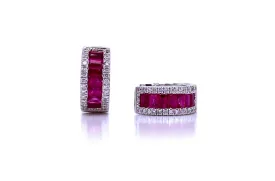 Earrings 18kt White Gold Huggies Ruby Baguettes & Diamonds