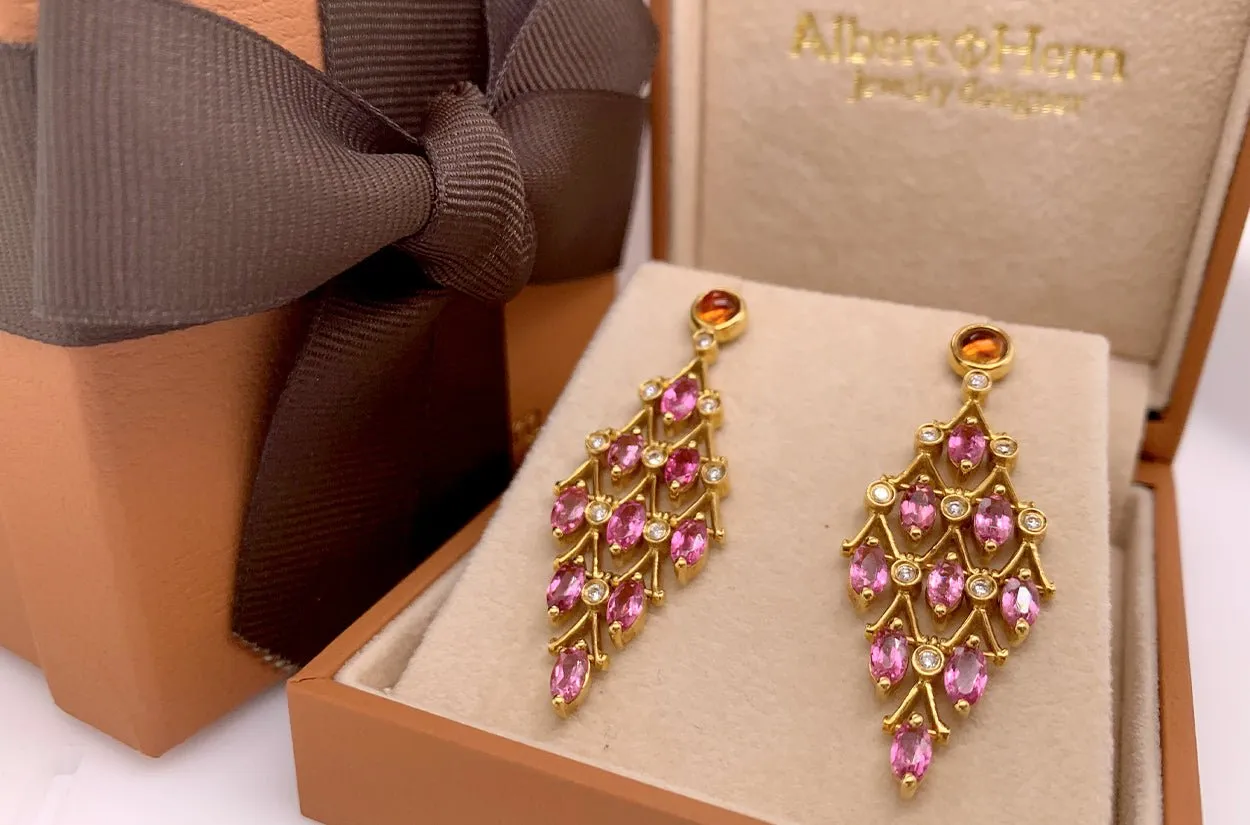 Earrings Orange & Pink Sapphire Chandelier with Diamonds