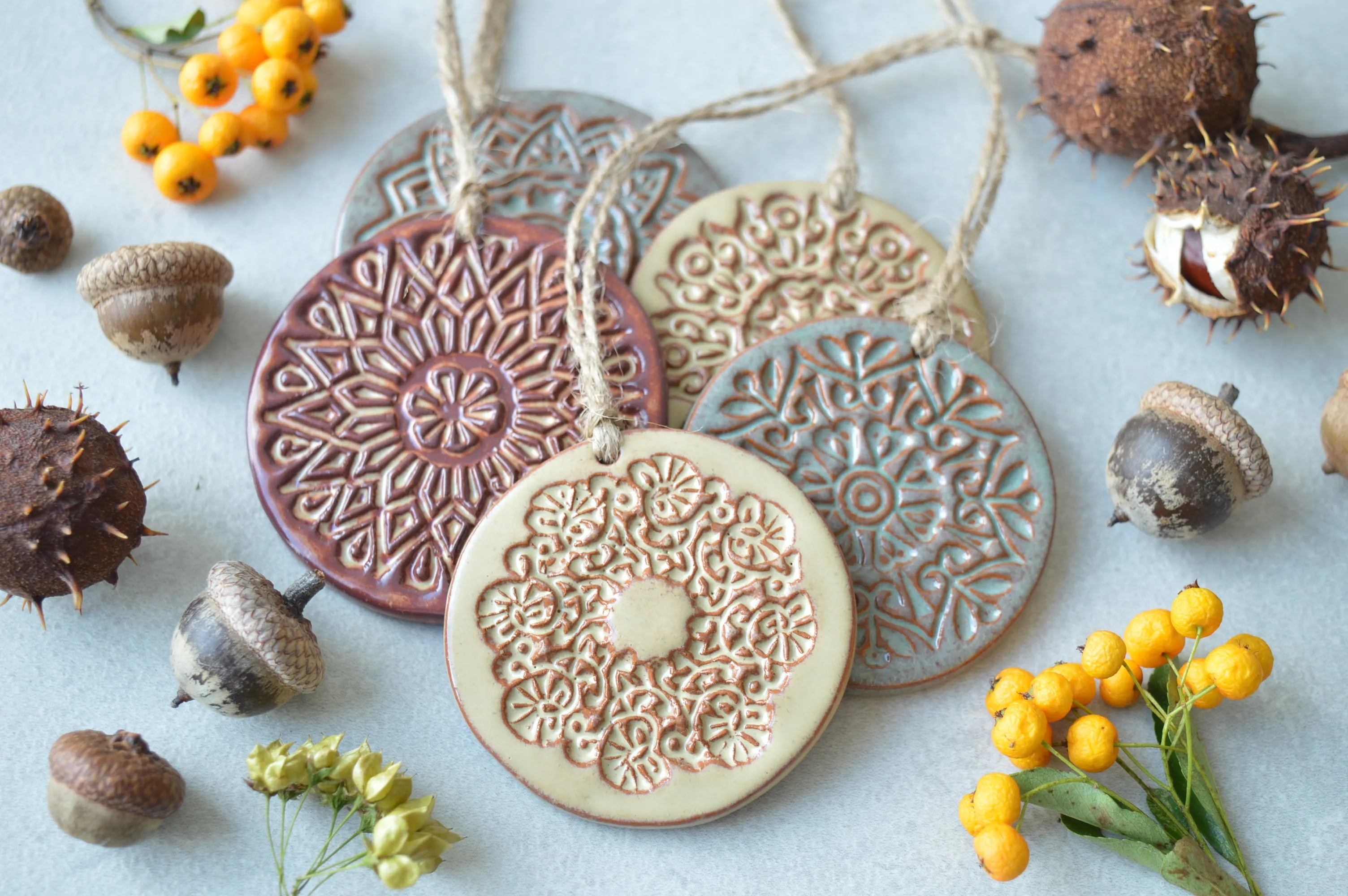 Earthy Christmas ornaments // ceramic decorations - set of 5