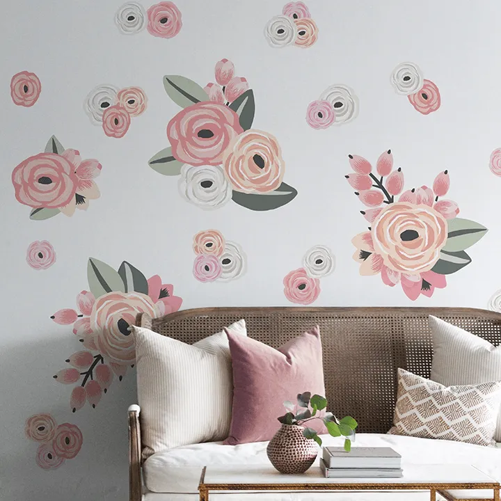 Faded Pink Graphic Flower Wall Decal Set