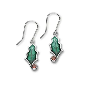 Festive Sterling Silver Enamel Holly Leaf Drop Earrings, ECE29